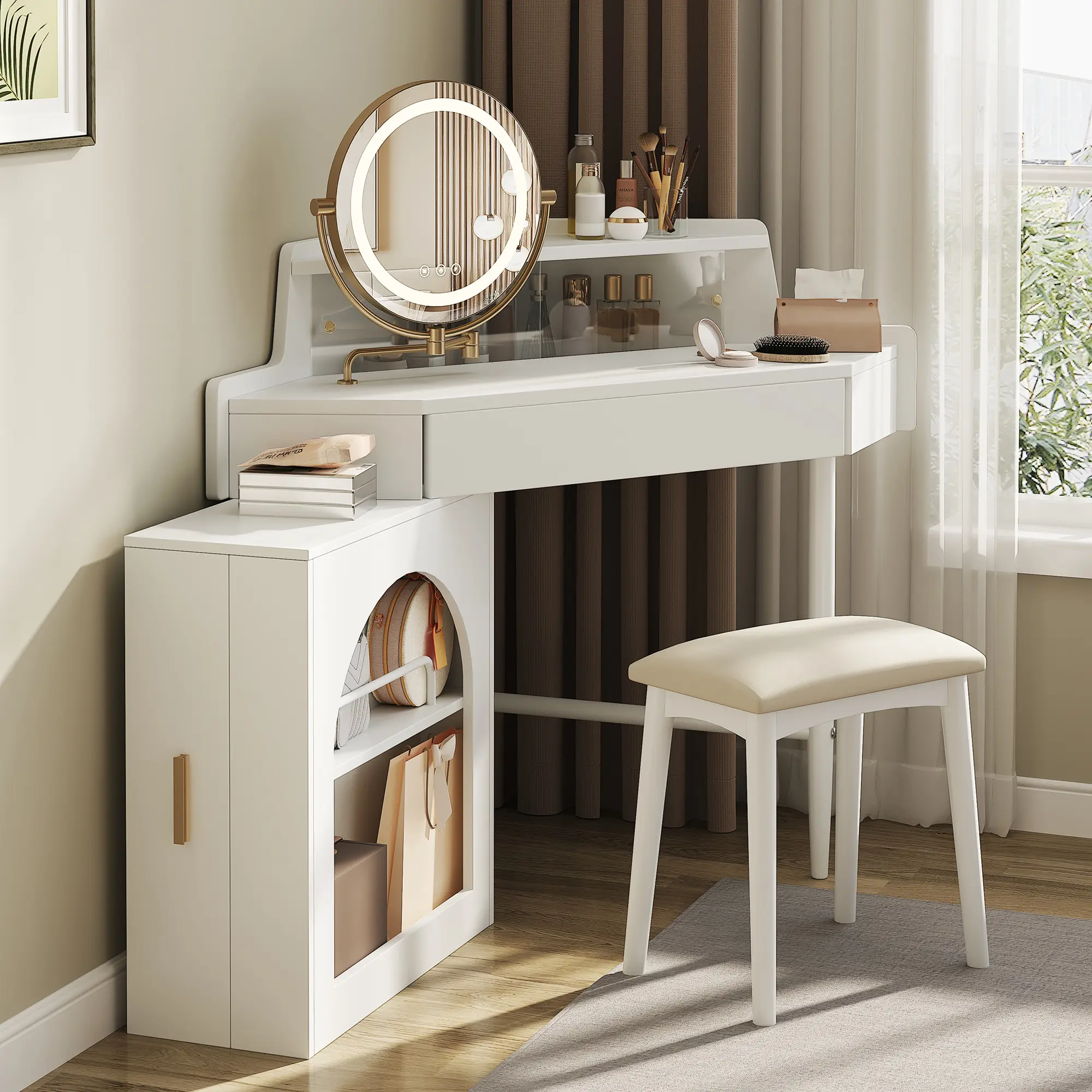 Ladies' Modern Engineered Wood Corner Makeup Vanity Desk Set - Adjustable 3-Color LED Lighting with Brightness Control, Tri-Folding HD Mirror with 360° Rotation, Stool, Large Storage, Drawer, Space-Saving for Small Indoor Spaces, Ideal Gift