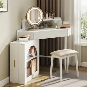 Corner Makeup Vanity Desk with Adjustable LED Mirror & Stool Modern Space-Saving Dressing Table with Large Storage Tri-Folding HD Mirror 3-Color LED Lighting White Vanity Set for Small Spaces