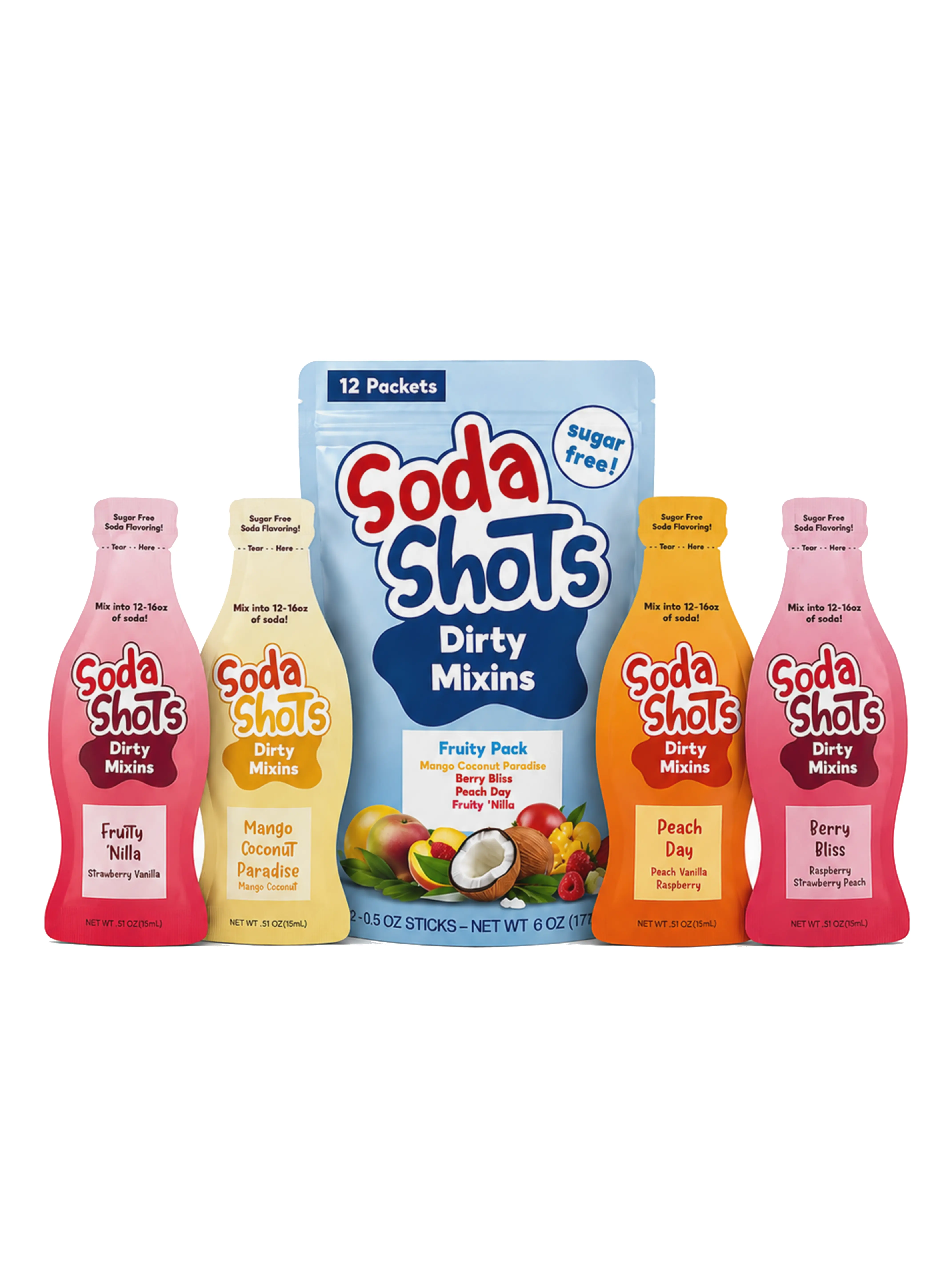 Fruity Pack Dirty Soda Sugar Free 4 Flavor Variety Pack, Peach Raspberry Vanilla Coconut Mango Strawberry Syrup Mixin, Mix into 12-16oz Sodas, at Home and on the Go.