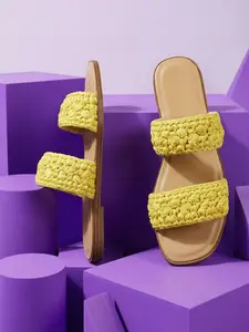 Women's French Vintage Handwoven Flat Sandals, Neon Bright Yellow, TPR Soles Anti-Slip, Dual Strap Design, Perfect for Summer Beach Vacation Home Leisure