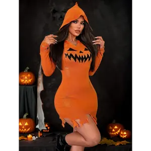 Chicbeautygirls Orange Halloween Bodycon Dress X Silhouette Hooded Pumpkin Design for Women Party Casual