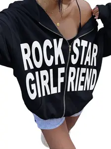 Women's Rockstar Girlfriend Full-Zip Cropped Hoodie, Edgy Y2K Aesthetic Womenswear, Oversized Rhinestone-Embellished Sweatshirt with Bold Letter Graphics, Cozy Zip-Front Hooded Top for Casual Athleisure (Fall Winter Use)