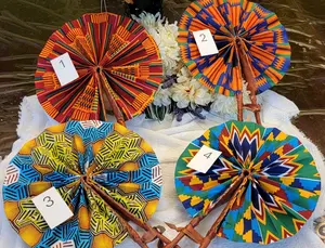African Craftsmanship Handmade Leather Folding Fans Colorful Print Decorative Hand Fan 12" Unfolded 9" Folded Made in Ghana