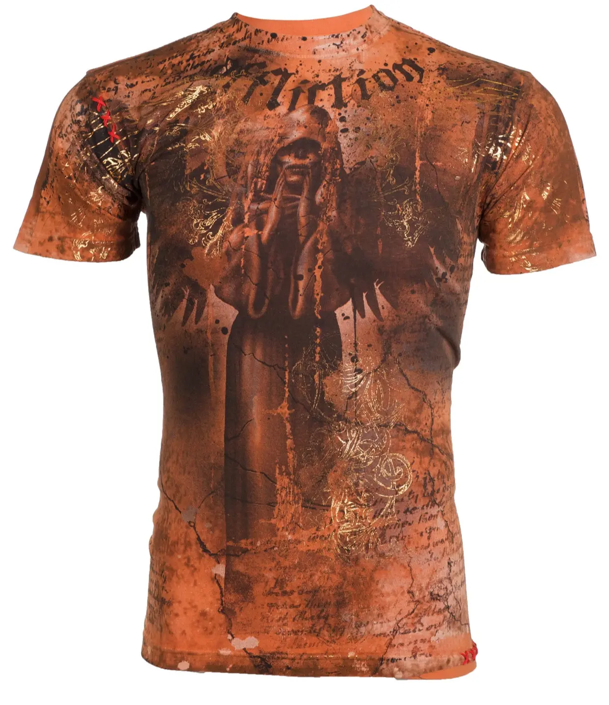 Affliction Men's Orange Floating Graphic T-Shirt - 100% Cotton Crew Neck Biker Gothic Streetwear Tee