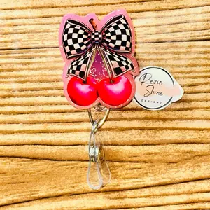 Checkered Cherry Pink Back Glittered Badge Reel
