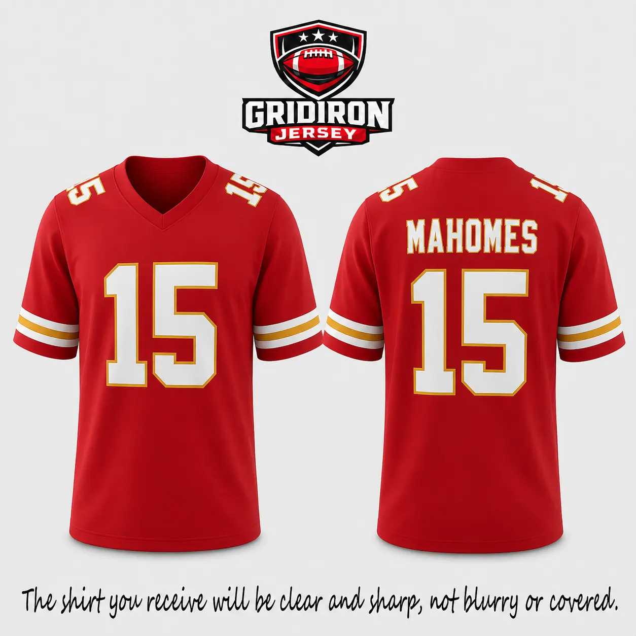 GRIDIRON JERSEY Mahomes #15 Football Jersey, Kansas City Red White Gold 3D Sports Shirt, Quarterback Inspired American Football Jersey, Game Day Outfit, Unisex Gridiron Fan Gift