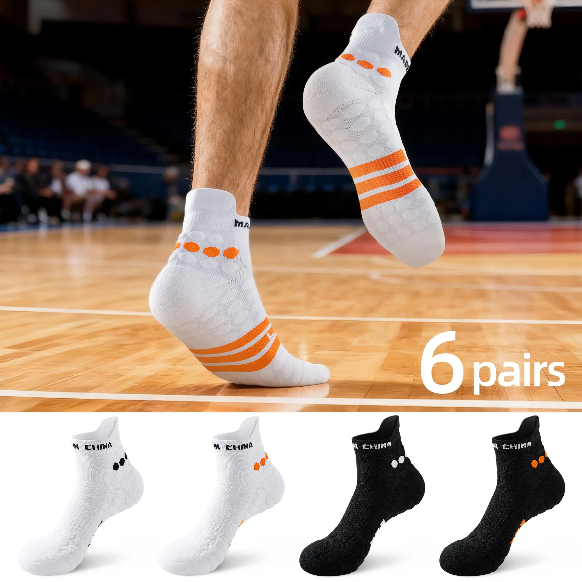 ANLISM Men's Fashion Sports Socks Ankle Length 6 Pairs Cotton-Polyester Blend Sweat-Wicking Shock-Absorbing Durable Terry Sole for Running Soccer Hiking Size 6-12 Black White Orange Training Menswear Basketball Gym Esports, Athletic Socks, Plain