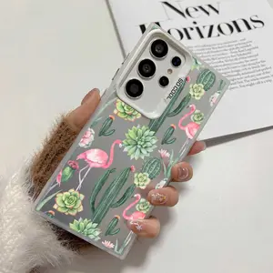 Pink Flamingo Cacti Succulent Plants Phone Case, Soft Silicone,Fully Protected and Shockproof for S25 Ultra/S24/S23/S22 Plus phone case Stylish Trendy 1014B22