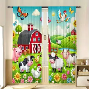 Cute Farm Animal Print Curtains Set, Home Decoration Curtain, Fashionable Rod Pocket Window Drapes for Kids Room Bedroom Living Room, Easy Installation, Interior Decoration Accessories