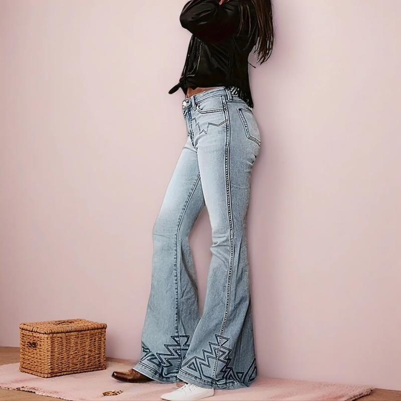 Light Blue Denim High-Waisted Flare Jeans with Geometric Hem Design in Western Style for Women Trendy Fashion