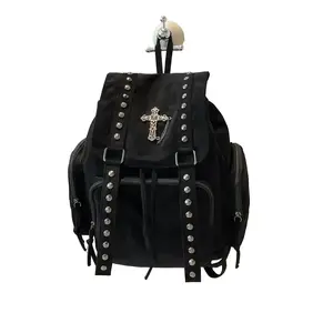 Gothic retro rivet backpack, cross chain decoration, punk street style, casual and simple design, suitable for all seasons, unisex bag, nail shaped backpackRAIMENTRY