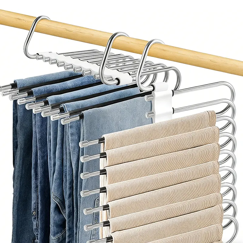 9-Tier Stainless Steel Trouser Rack - Multifunctional Clothes Hanger for Hanging Clothes Storage, Organizing Multiple Pants, Closet Organization, 5 Extra Hooks, Non-Slip Compact Closet Organizer