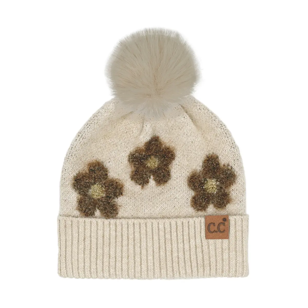 CC Daisy Pattern Beanie with Faux Fur Pom - Cozy Winter Hat for Women, Stylish Chenille Knit, Warm & Stretchable Beanie (HTC0079)