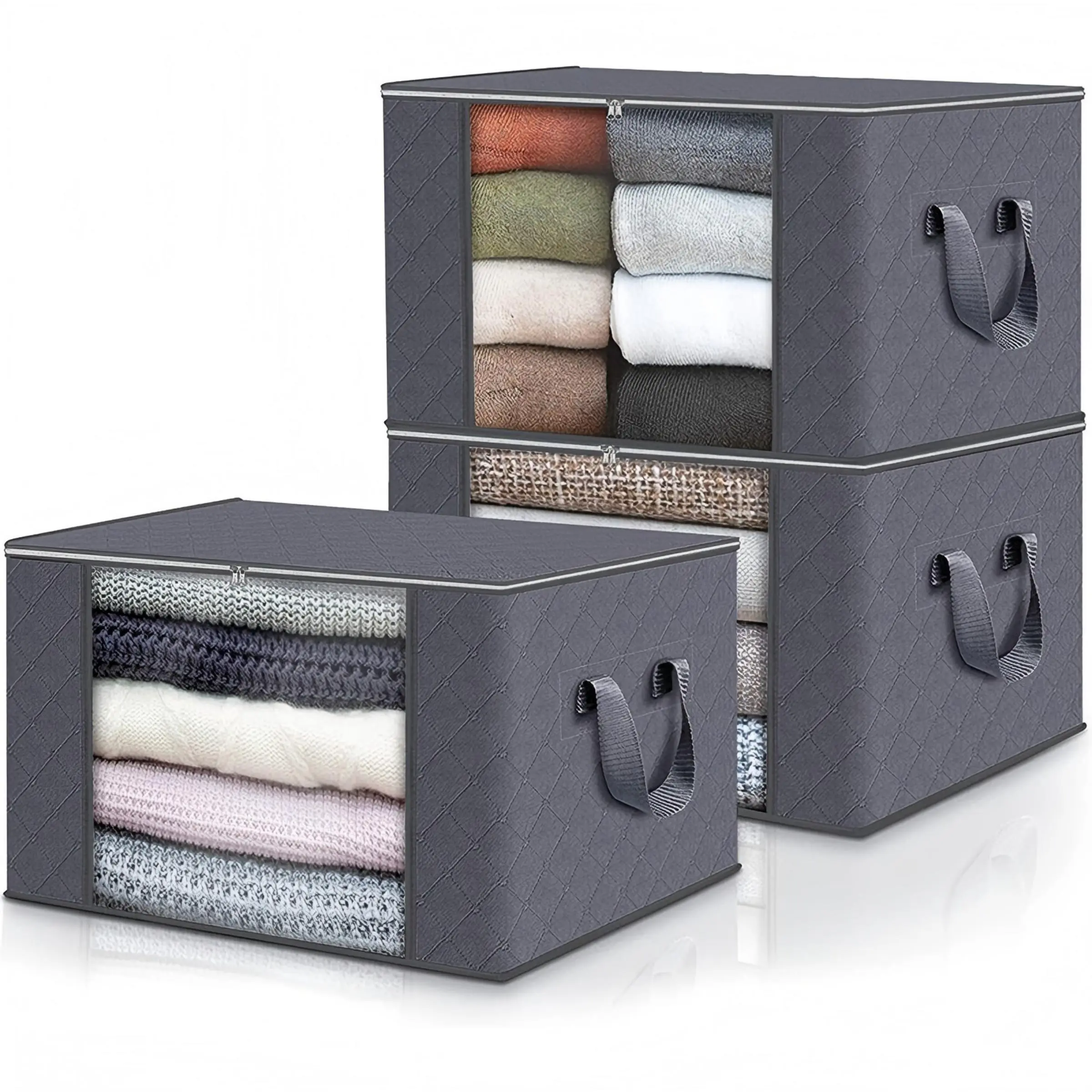 Clothes Storage Box, 3 Counts Foldable Clothes Organizer with Zipper & Lid, Durable Clothes Storage Box for Bedding, Blankets, Pillows and Toys, Space Saving Storage