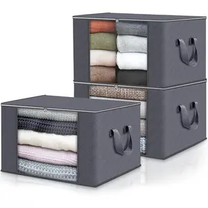Clothes Storage Box, 3 Counts Foldable Clothes Organizer with Zipper & Lid, Durable Clothes Storage Box for Bedding, Blankets, Pillows and Toys
