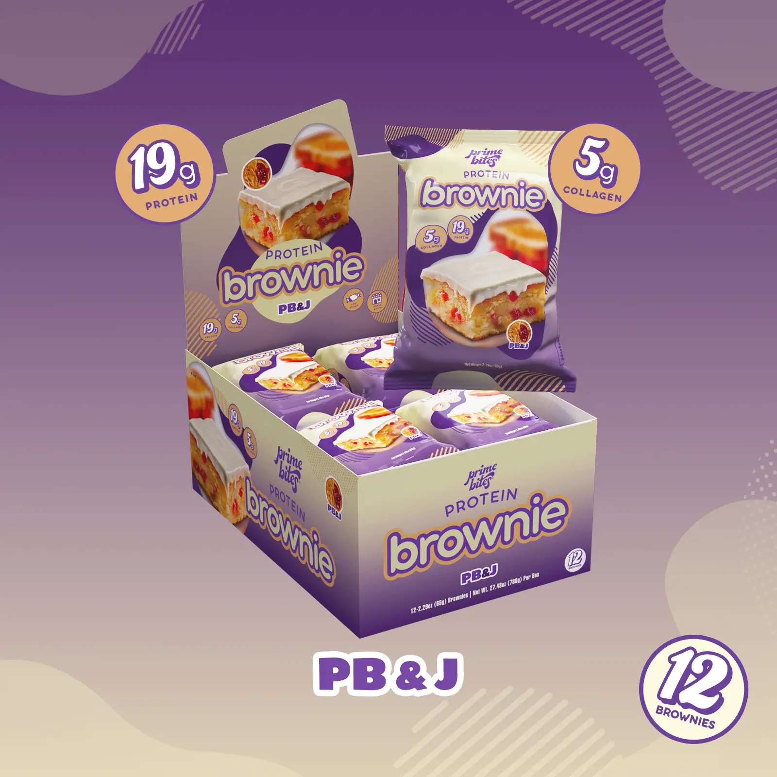PB&J Prime Bites - 12 Pack - Protein Brownies with 19g Protein and 5g Collagen Snack - Fresh Baked High Protein Snack w/ Low Sugar