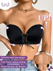 Women's Wirefree Front Tie Push-Up Bra Fit, Add two cup Invisible Non‑slip Anti‑sagging Bandeau Comfortable Breathable Adjustable Straps,for Daily Wear, Dates  Plunge