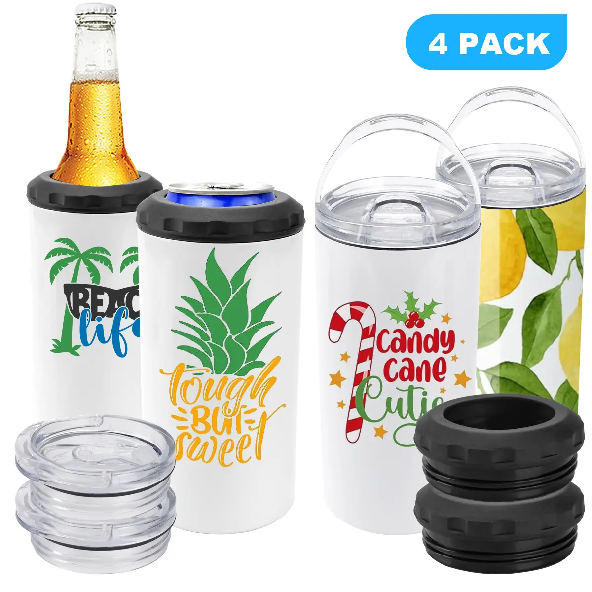 Joyclub Sublimation Can Cooler 4 Pack Sublimation Blanks 4 in 1 Sublimation Beer Can Cooler Stainless Steel Sublimation Can with Splashproof Lid for  Watch Party Cups, Summer Drinks & Graduation Party Favors, summerwins Deals For You