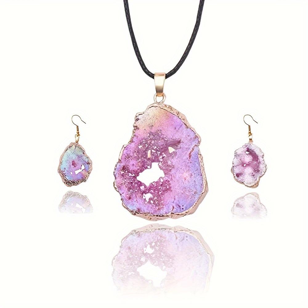 2Pcs Natural Agate Slice earring Necklace - Irregular Slice Natural Quartz Geode Pendant Necklace, Vintage Crystal Agate Geode Slice Necklace Charm Pink Blue,Bohemian Natural Stone Jewelry for Women, Mother's Day gift home decor