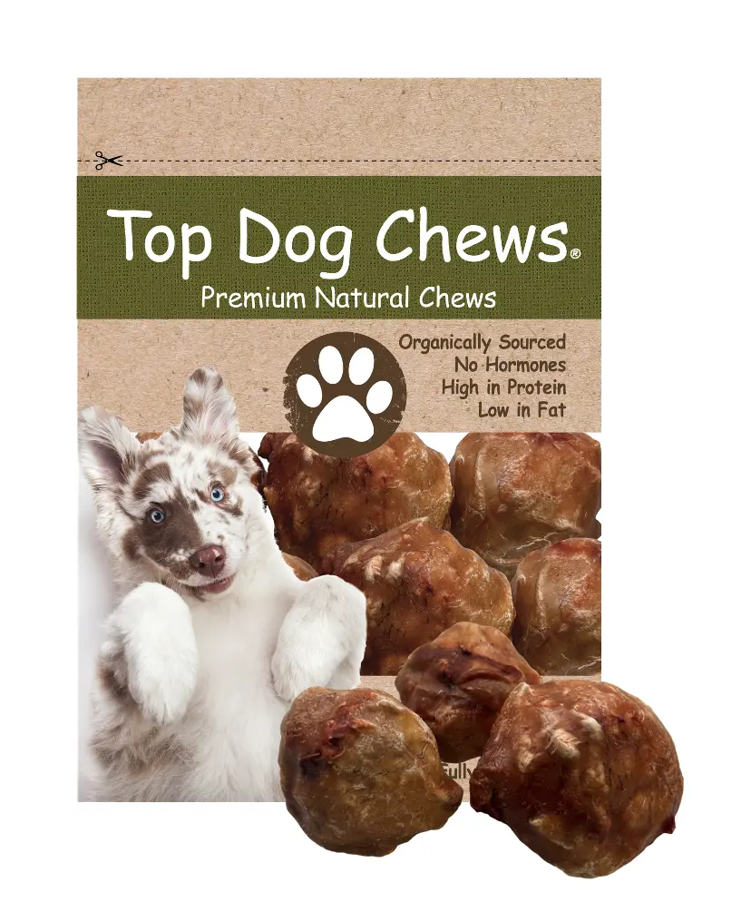Top Dog Chews 3-Pack 3-Inch Ball-Shaped Beef Cheek Chew Treats Wrapped in Beef Esophagus, Organically Sourced Natural Long-Lasting Healthy Teeth Snacks for Moderate to Aggressive Chewers, No Hormones, High-Protein, Low-Fat Picks (No Artificial Additives)