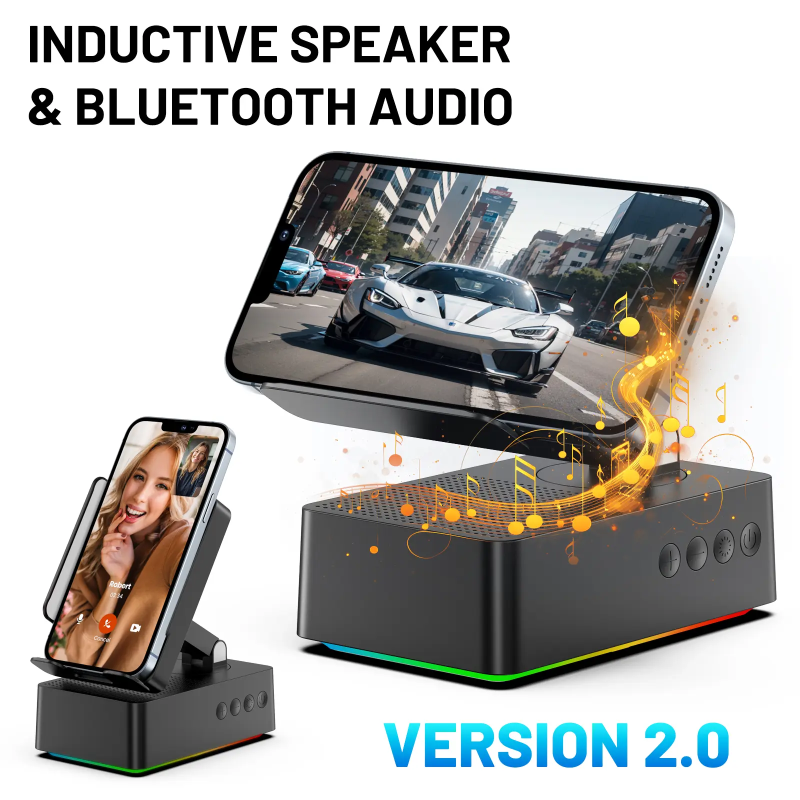 T2 Inductive & Bluetooth Audio Speaker with Phone Stand RGB Lights 5.4 HD Surround Subwoofer IPX4 Waterproof Foldable USB Type C Gift for Friends and Family Version 2.0 - Smartphone