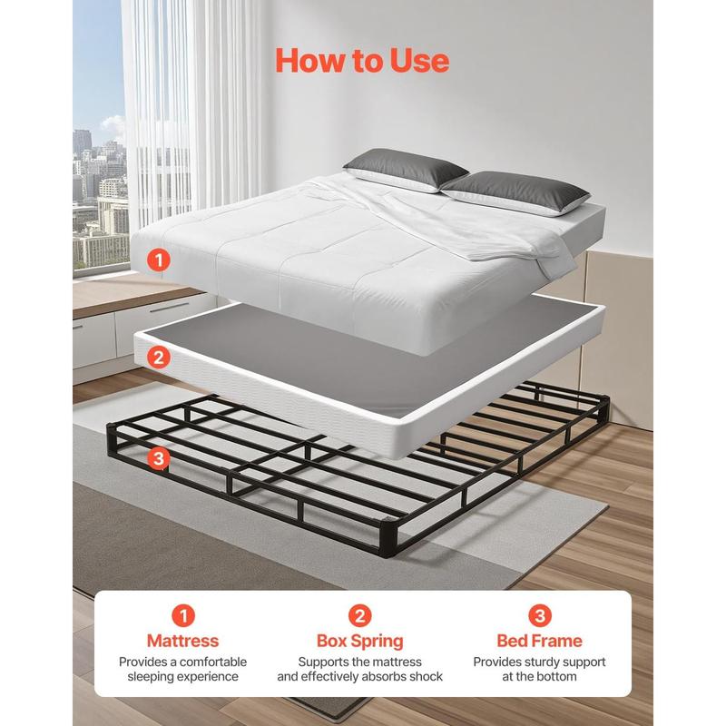 VEVOR Box Spring, Queen Size Bed Frame with Washable Fabric Cloth, Heavy Duty Metal Frame for Queen Bed, 5 in Mattress Foundation, 3500 lbs Max Weight Capacity, Easy Assembly, 79.1L x 59.6W x 5.1H in