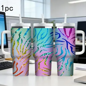 40oz Insulated Tumbler with Handle | Rainbow Glitter Zebra Print Stainless Steel Travel Mug | Vacuum Sealed, Keeps Drinks Hot/Cold | Perfect Gift for Animal Print Lovers, Party, Gym