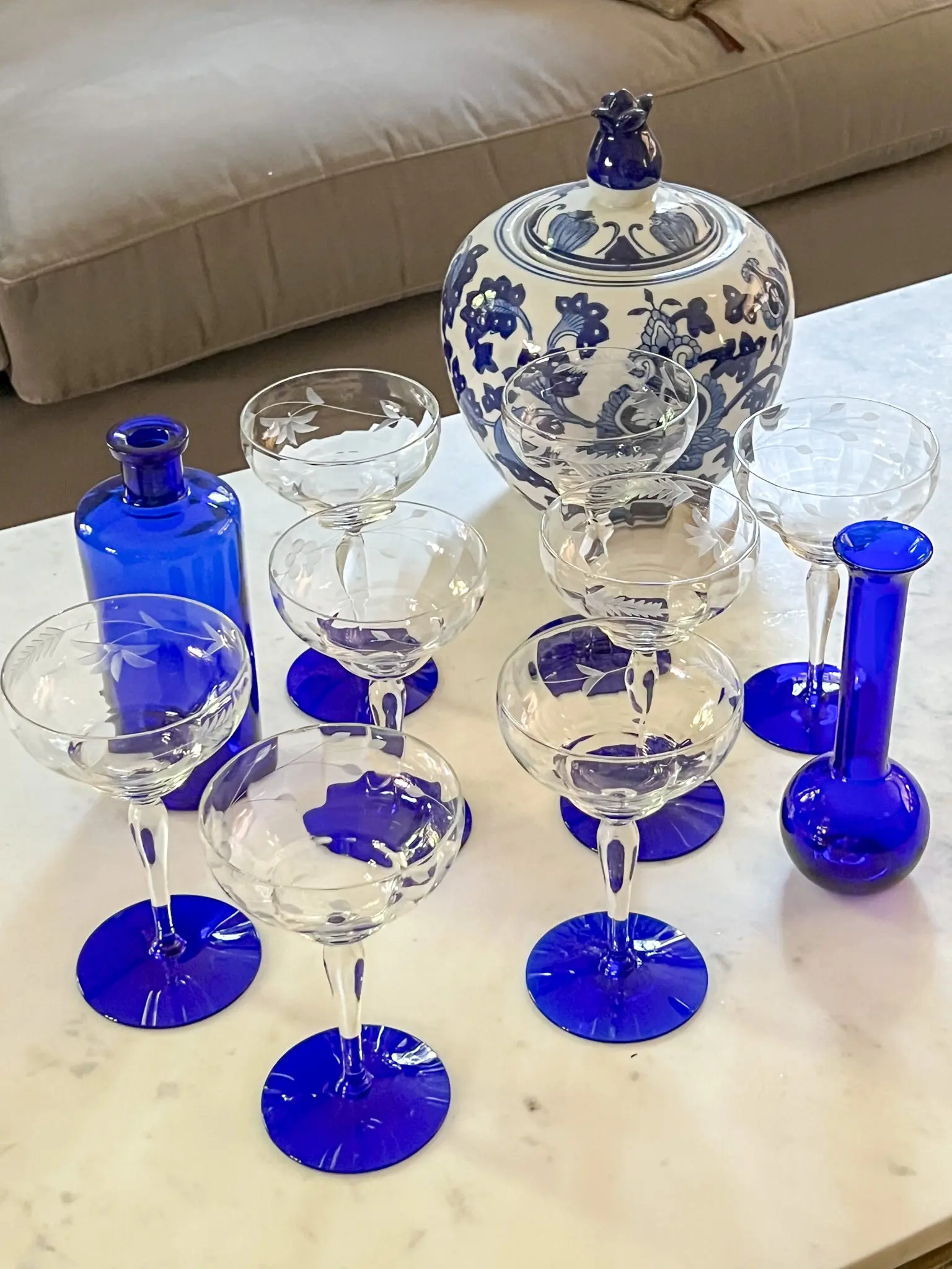 Cobalt Blue Etched Champagne Coupes
