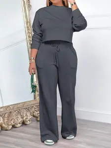 Women's Solid Drop Shoulder Top & Drawstring Waist Flare Leg Pants Set, Casual Long Sleeve Round Neck Top & High Waist Bell Bottom Trousers for Fall & Winter, Ladies Clothes for Daily Wear