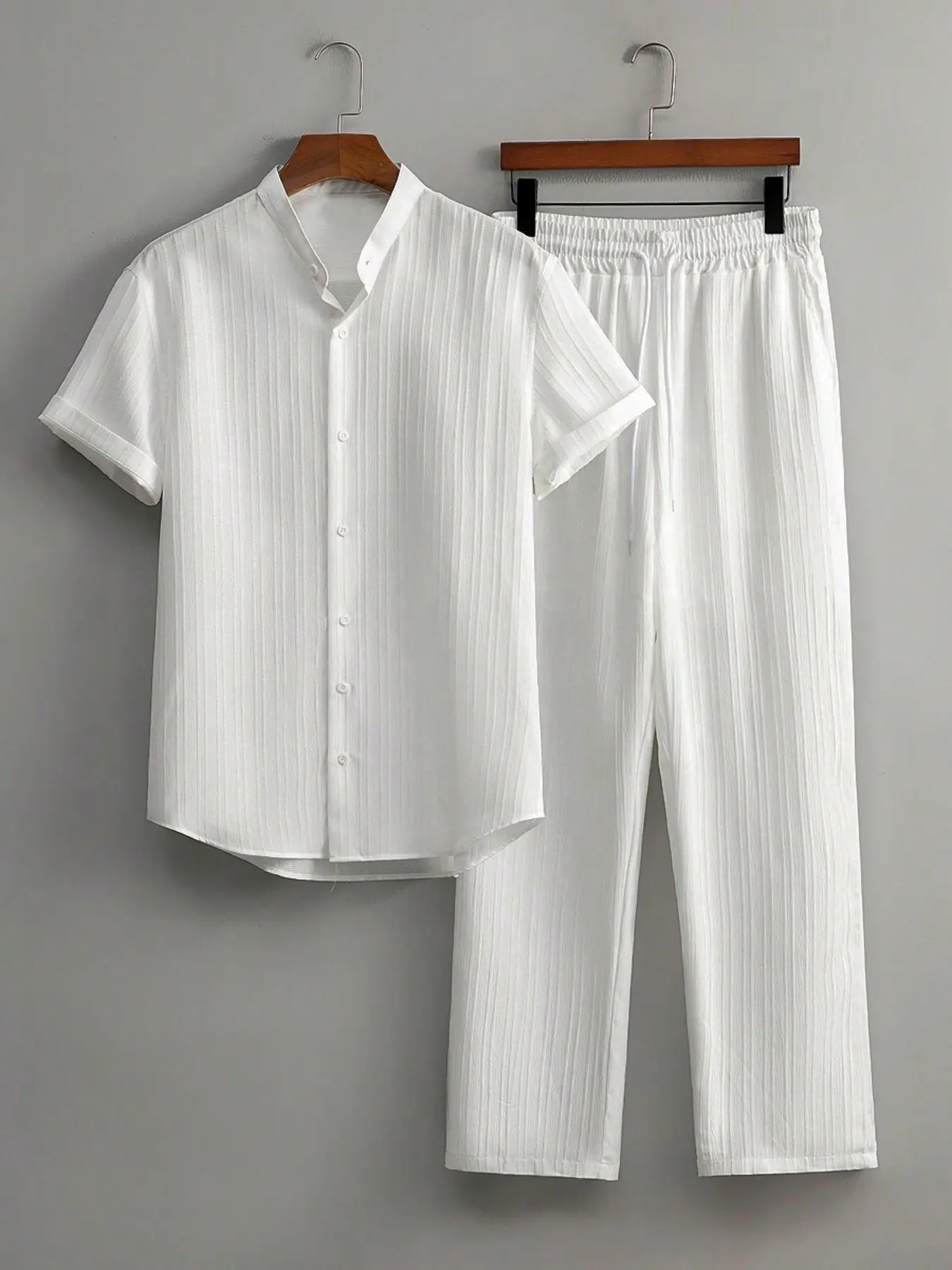 Men's Summer Casual Commuter Cuban Collar Long Pants Set, Button Design, Comfortable Fit, Stylish and Practical