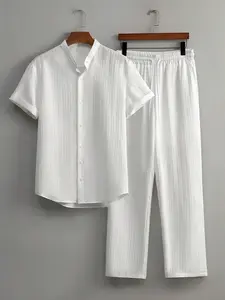 Men's Summer Casual Commuter Cuban Collar Long Pants Set, Button Design, Comfortable Fit, Stylish and Practical