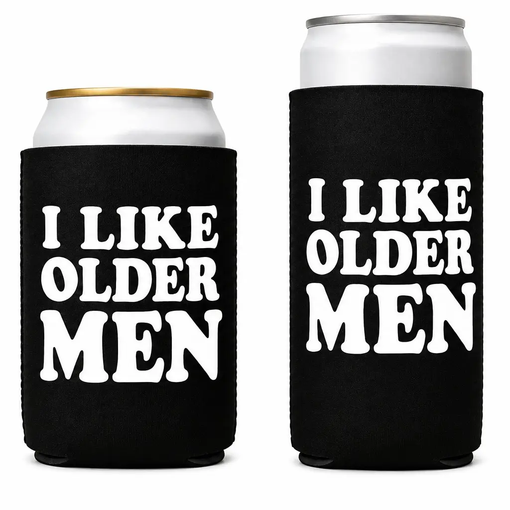 Funny "I Like Older Men" Can Cooler | Beer coozie | Regular & Slim Can Sleeve | Adult Humor Gift | Funny Party Drink Holder holiday