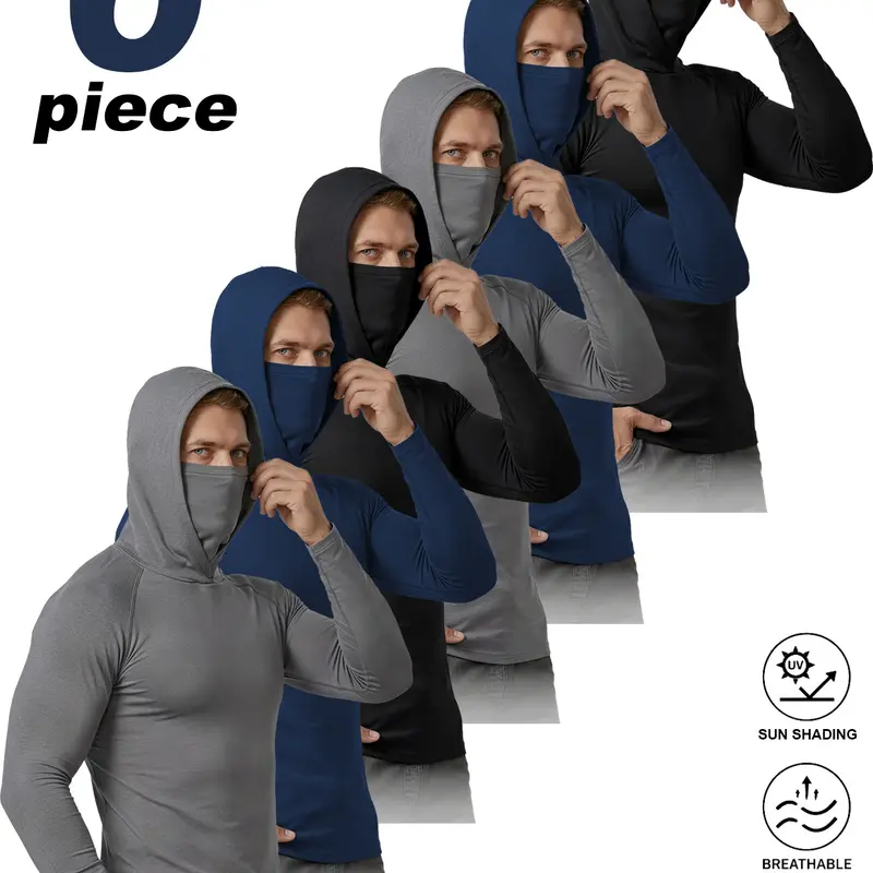 Men's Athletic Slim Fit Sun-Proof Long Sleeve Hooded Shirts with Integrated Face Mask (3 or 6-Piece Sets) - All Seasons, Comfortable, High Stretch Fitted, Quick Dry Elastane Polyester Blend, Lightweight Breathable, Ideal for Outdoor Hiking, Fishing