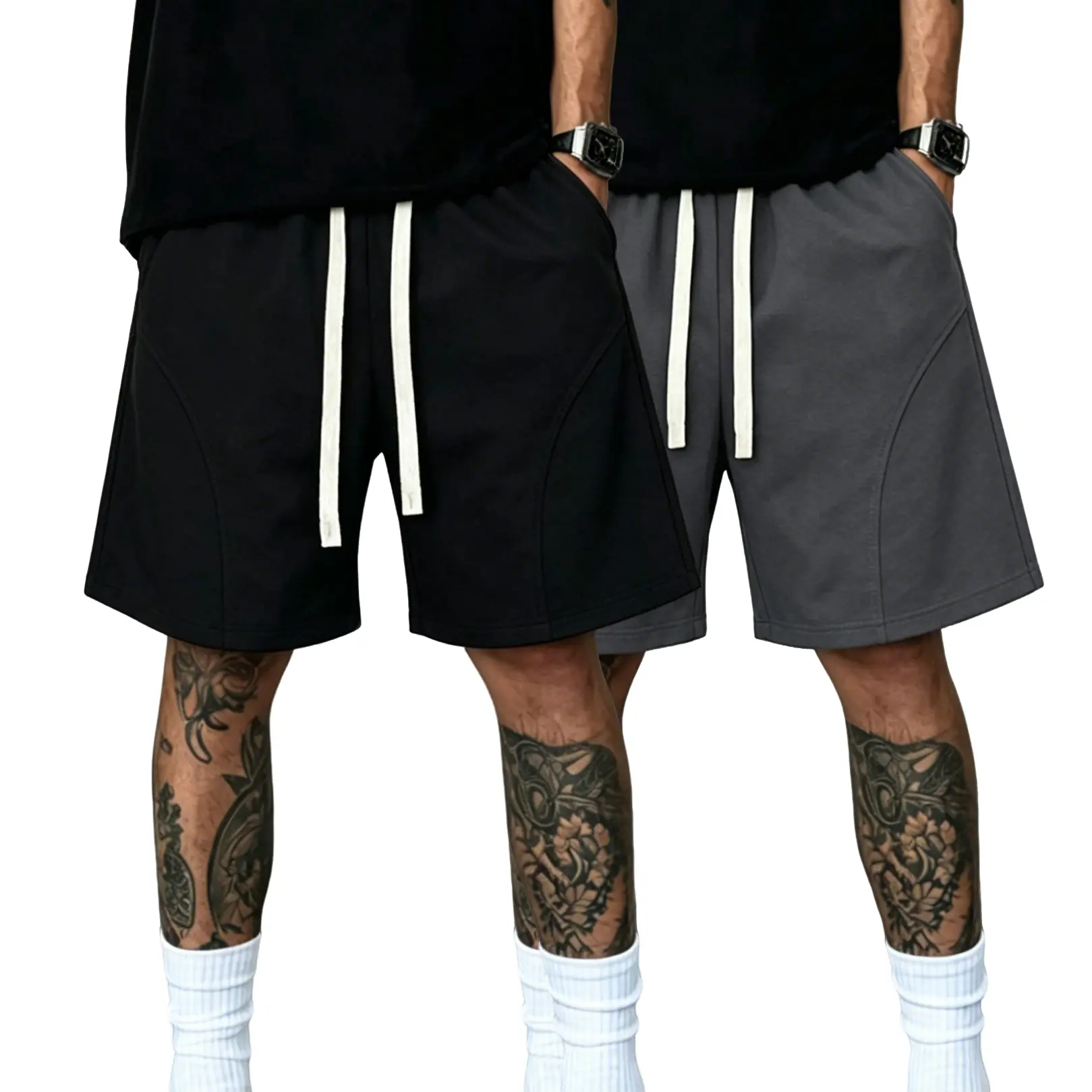 Men's 2-Pack Active Hoochie Daddy Szn Shorts 2026 Summer, High Elastic Waistband, Color-Block Tie Details, Side Pockets, Soft Breathable Street-Style, Belted, Apricot+Light Gray/Black+Apricot, for Gym Workouts, Beach Leisure, Polyester Pants, Casual, Athl