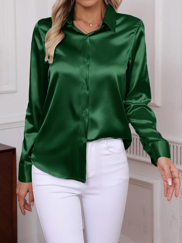 Women's Plain Satin Shirt, Elegant Long Sleeve Button Top for Work Office Business, Ladies Clothes for All Seasons, Womenswear