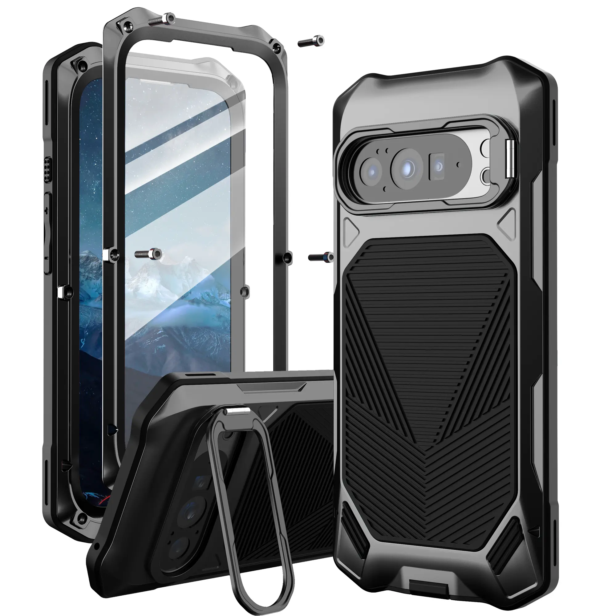 Metal Rugged Armor Smartphone Case with Kickstand for Google Pixel 9, Pixel 10 Pro XL - Shockproof Full-Body Protective Cover, Mobile Phone Accessory, Accessories