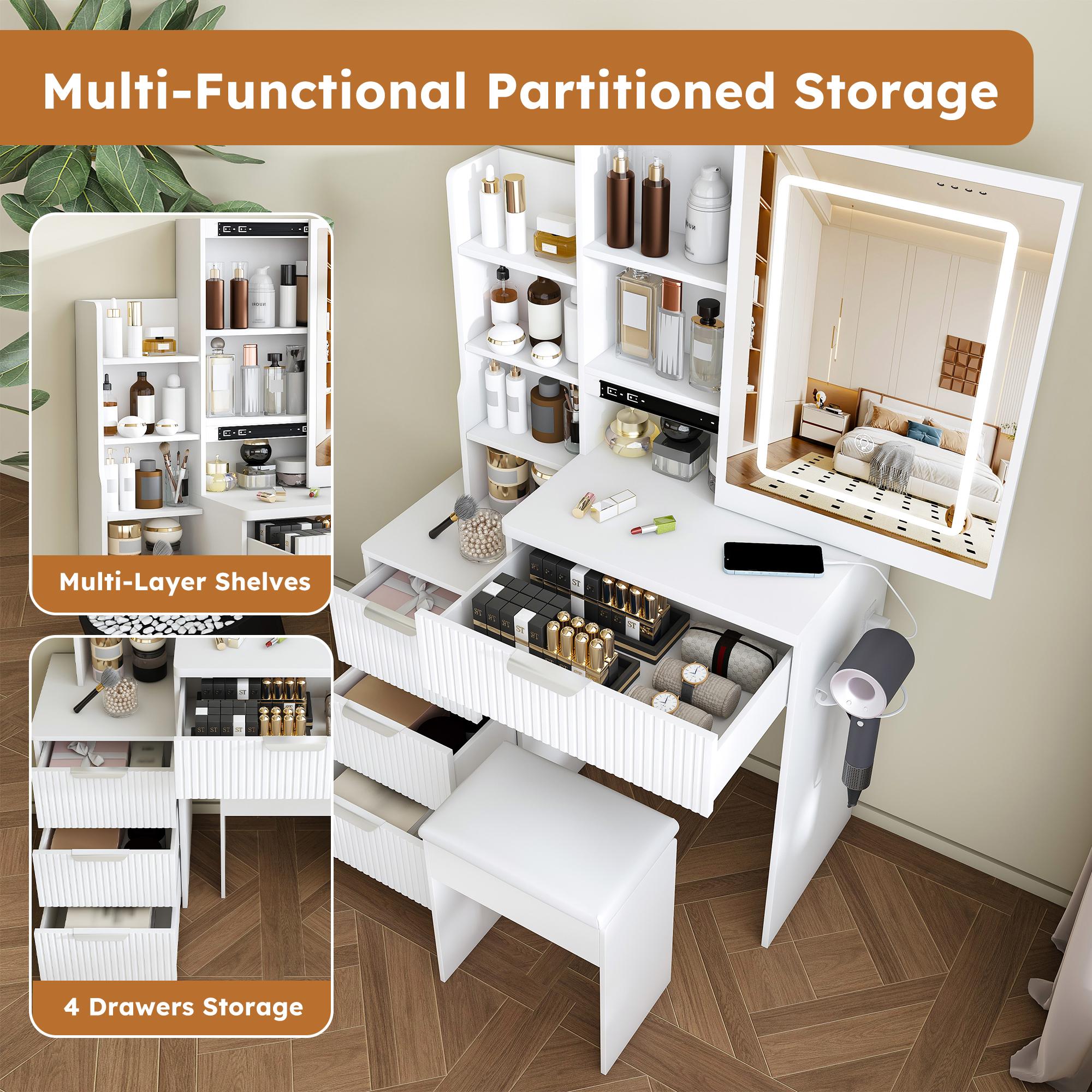 Modern Vanity Desk with LED Lighting 3 Modes & Adjustable Brightness, Makeup Table with 4 Drawers & Storage Shelves, Built-in Power Outlet & Hair Dryer Holder, Easy Assembly