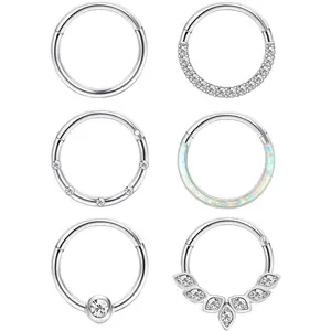 MILACOLATO 6Pcs 16G 18G Septum Rings Surgical Steel Nose Rings Hoop for Women Opal CZ Daith Cartilage Hoop Earring Clicker Septum Jewelry Hinged Hoop Nose Ring Lip Helix Rook Tragus Piercing Jewelry