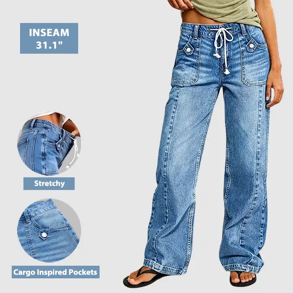 Flamingals Wash Seam Front Drawstring Mid Rise Straight Leg Jeans Stretchy 31.1'' Inseam Flamingals Wash Seam Front Drawstring Mid Rise Straight Leg Jeans Stretchy 31.1'' Inseam