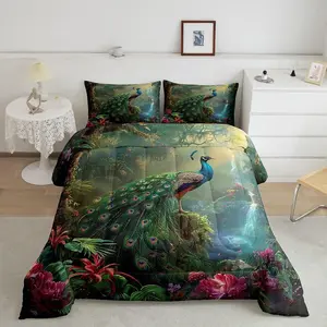 Green Peacock Comforter Set,Floral Tropical Plant Natural Bedding Set for Kids Boys Girls Room Decor,Peacock Feather Wild Animal Duvet Insert,Colorful Luxury Quilt Set