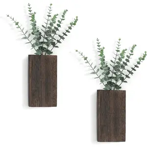 2 Pack Wooden Wall Planters with Artificial Eucalyptus Pocket Decoration, Rustic Wooden Planter, Perfect for Indoor Faux Plants in Living Room Kitchen Office
