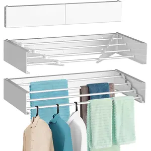 Laundry Drying Rack Wall Mounted Clothes Drying Rack Collapsible with 4 Aluminum Rods, 60 lbs Capacity, Drilling Template Long Screwdriver Bit, White