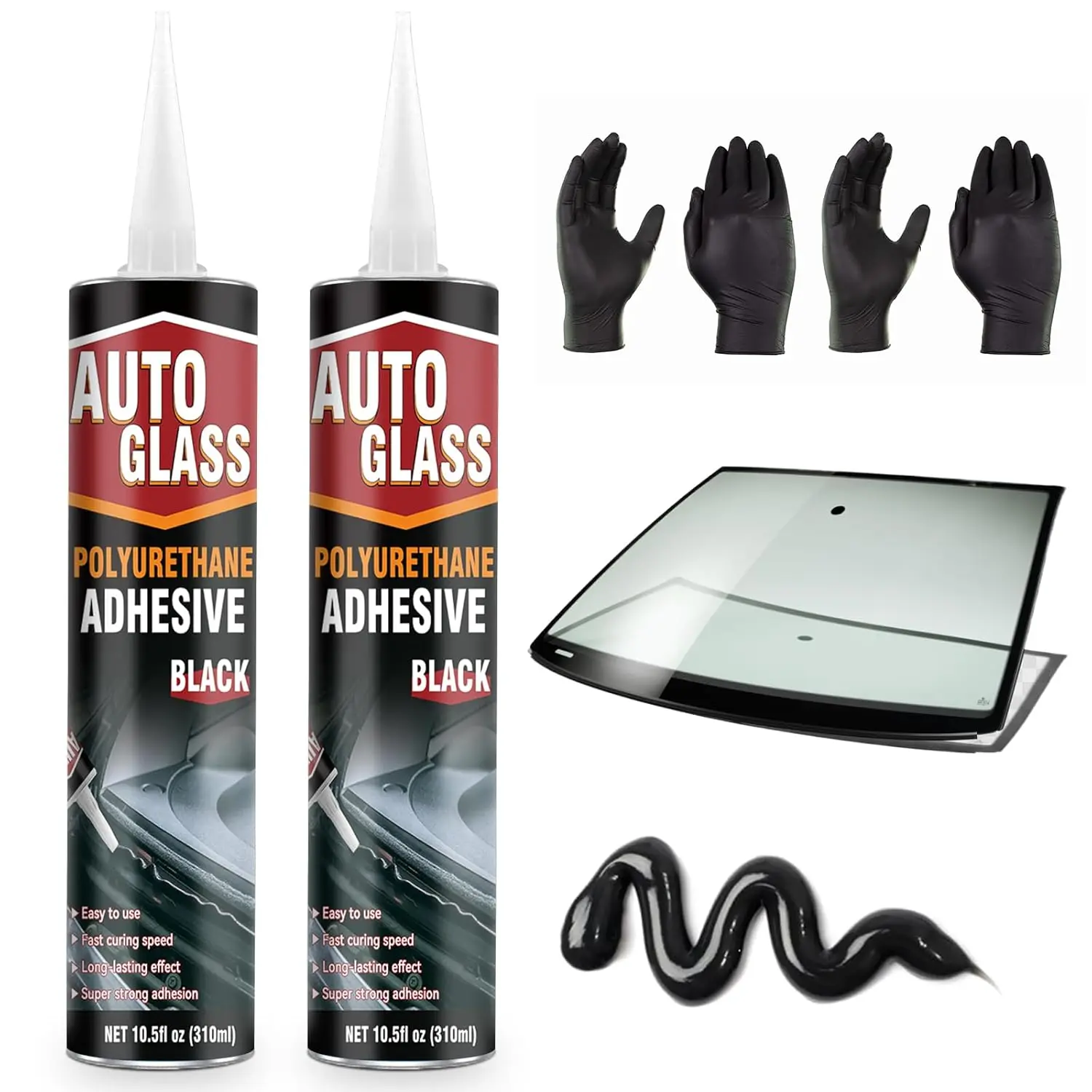 Polyurethane Windshield Sealant, Black Windshield Adhesive - High Viscosity,  Curing for  Windshield/ Glass Installation & Repair with Gloves, Applicator Tip (310ml*2)