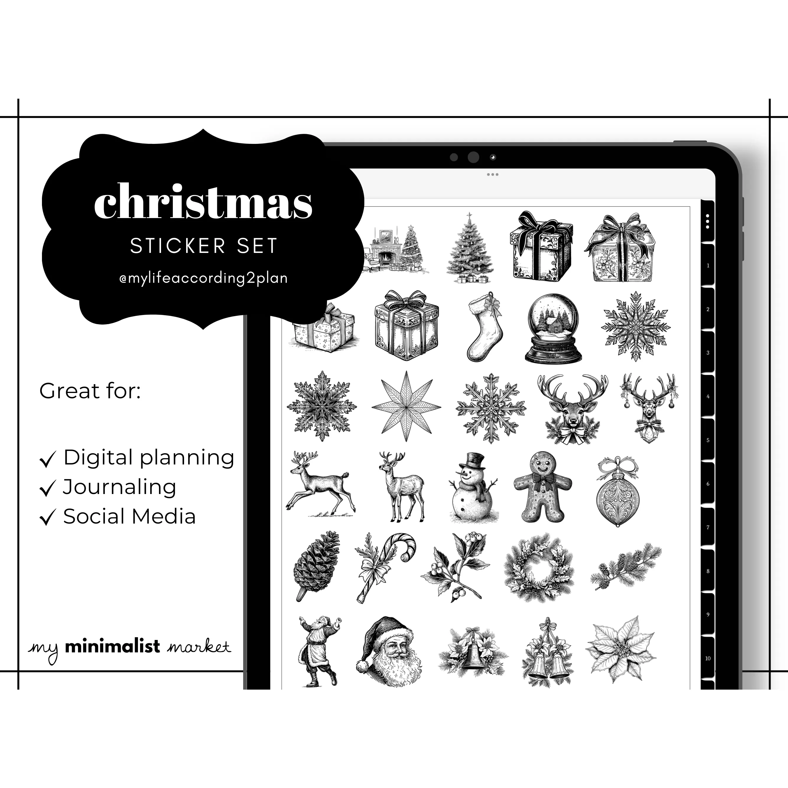 Minimalist Vintage Christmas Stickers, Planning and Bujo Holiday Sticker Set, Digital Planner Stickers, GoodNotes 5 Elements, Precropped