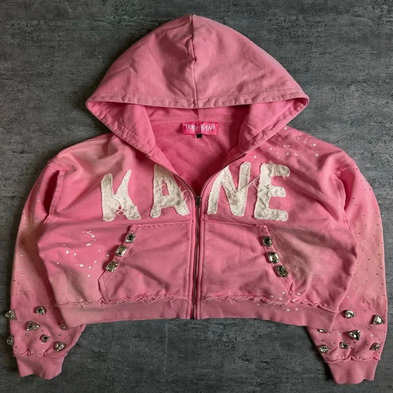 KANE Cropped Extreme Rhinestone Zip Up Hoodie 480 GSM French Terry Cotton Paint Splatter