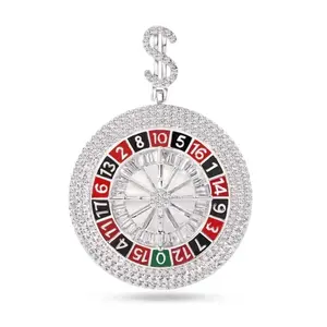 Rhodium Plated 925 Sterling Silver Casino Roulette Clear CZ Enamel Pendant