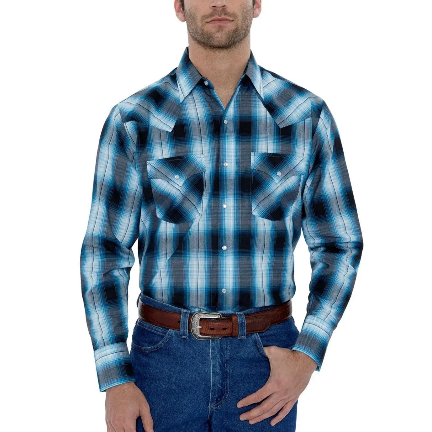 Men's Ely Cattleman Long-Sleeve Checked Western Snap Shirt, Polyester Fabric, With Pocket