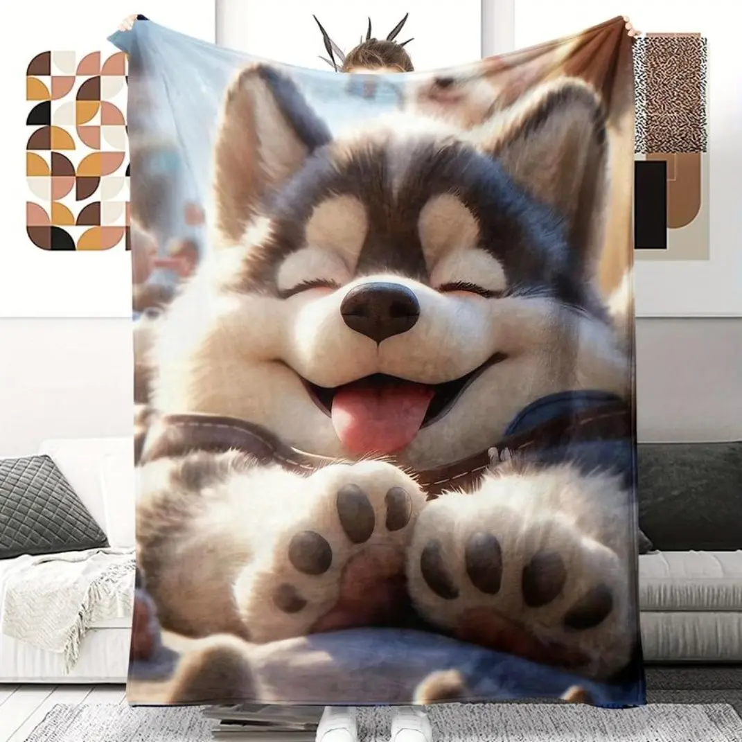 Charming Dog Flannel Blanket  4 Sizes Fluffy Oversized Husky Puppy Throw Blanket | Ultra Soft Plush Cuddly Dog Blanket