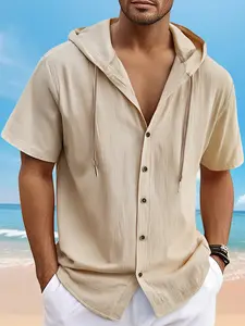 Men's Summer Cotton Linen Henley Neck Pullover, Trendy Casual Loose Fit Short Sleeve Polo Hoodie, Versatile Fashionable Outerwear