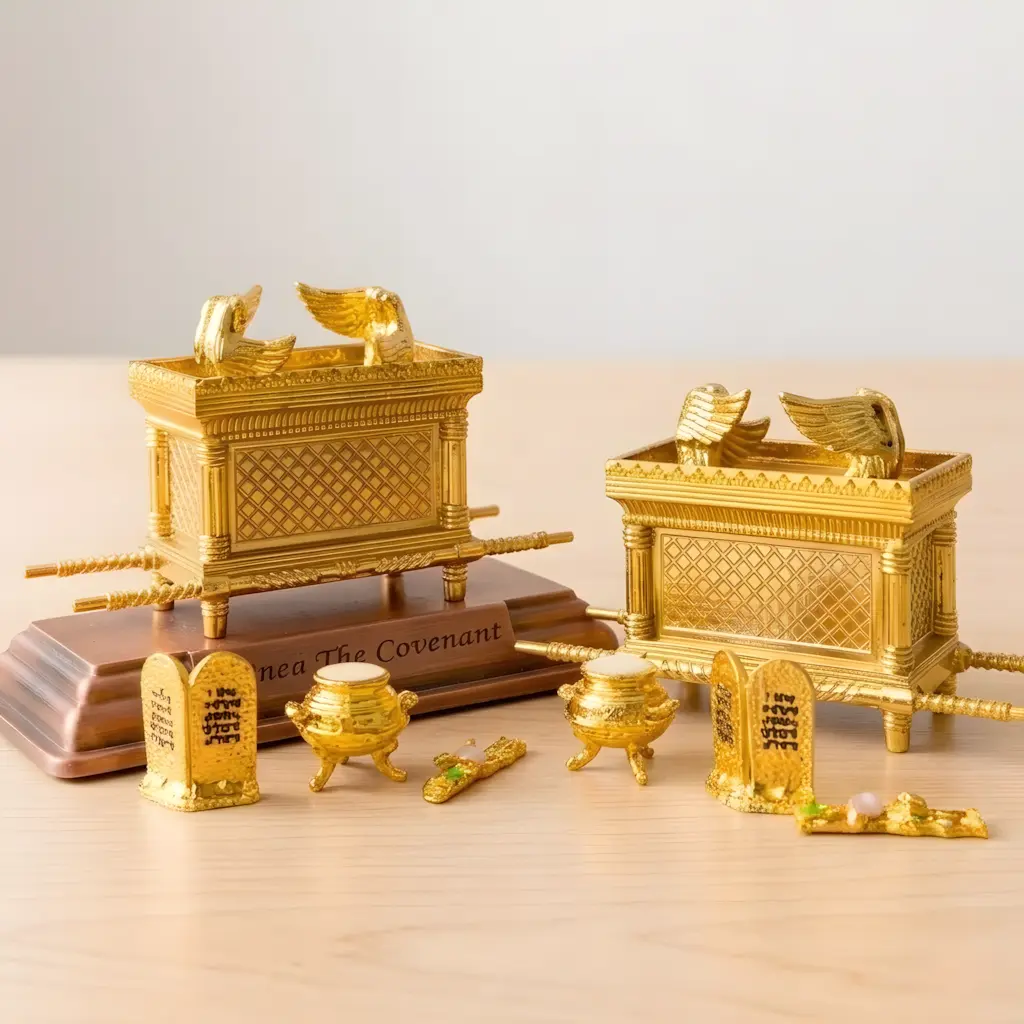 Religious Traditional Metal Ark of the Covenant 3pcs/Set with Base - Desktop Display, Hanukkah Home Decor Statue with 3 Free Gifts (Aaron's Staff, Manna Bowl, 10 Commandments Tablet)